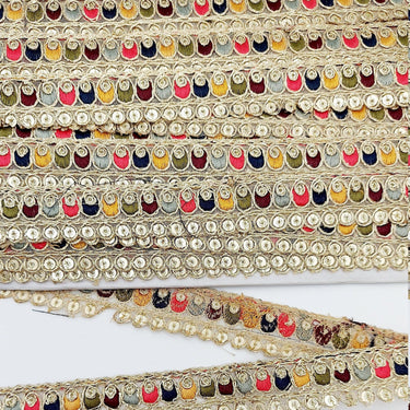 Multicoloured Tissue Fabric Sequin Border, Beige Shimmer Lace Trim, Decorative Trim